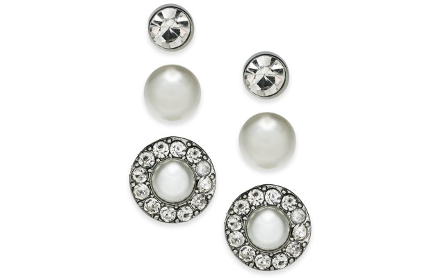  Silver-Tone 3-Pc. Set Crystal & Imitation Pearl Stud Earrings