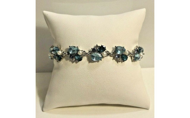  Silver-Tone Blue Crystal & Stone Adjustable Slider Bracelet