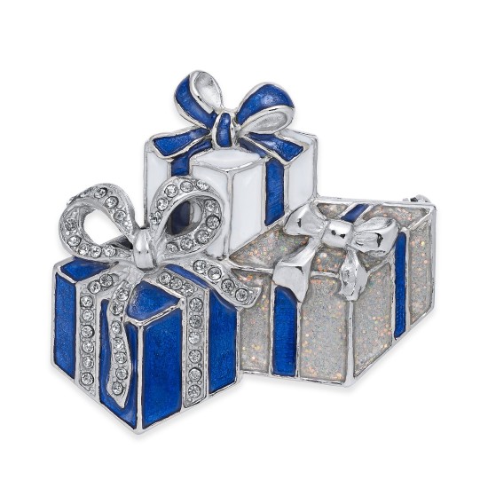  Silver-Tone, Blue & Glitter Pave Gifts Pin