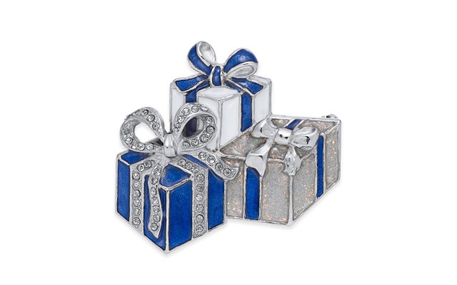  Silver-Tone, Blue & Glitter Pave Gifts Pin