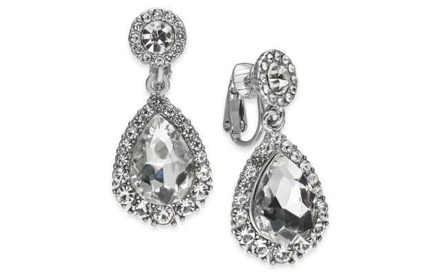  Silver-Tone Crystal Clip-On Drop Earrings, 1 1/3″
