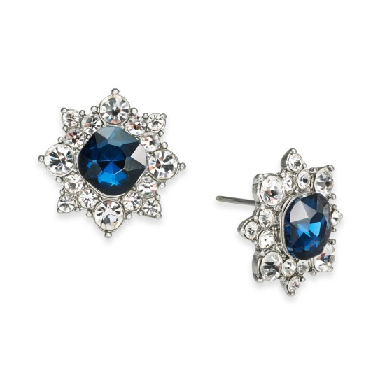  Silver-Tone Crystal Flower Stud Earrings (Navy)