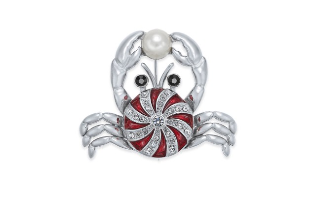  Silver-Tone Crystal & Imitation Pearl Peppermint Crab Pin