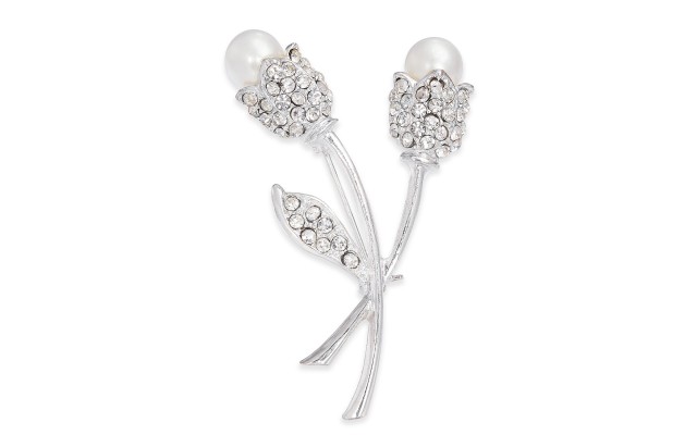  Silver-Tone Crystal & Imitation Pearl Tulip Pin