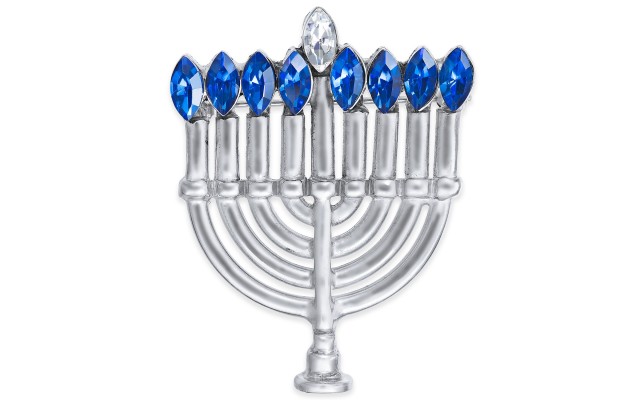  Silver-Tone Crystal Menorah Pin, Silver/Blue