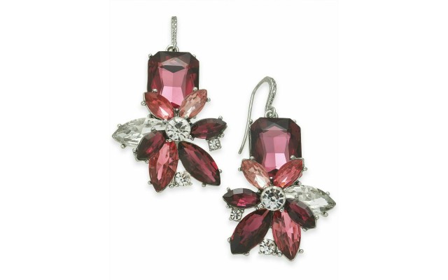 Silver-Tone Crystal & Stone Flower Drop Earrings