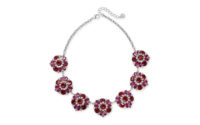  Silver-Tone Crystal & Stone Frontal Necklace, 17″ + 3″ Extender,Red