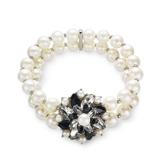  Silver-Tone Crystal, Stone & Imitation Peal Cluster Stretch Bracelet, White