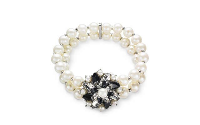 Silver-Tone Crystal, Stone & Imitation Peal Cluster Stretch Bracelet, White