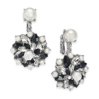 Charter Club Silver-Tone Crystal, Stone & Imitation Pearl Cluster Clip-On Stud Drop Earrings