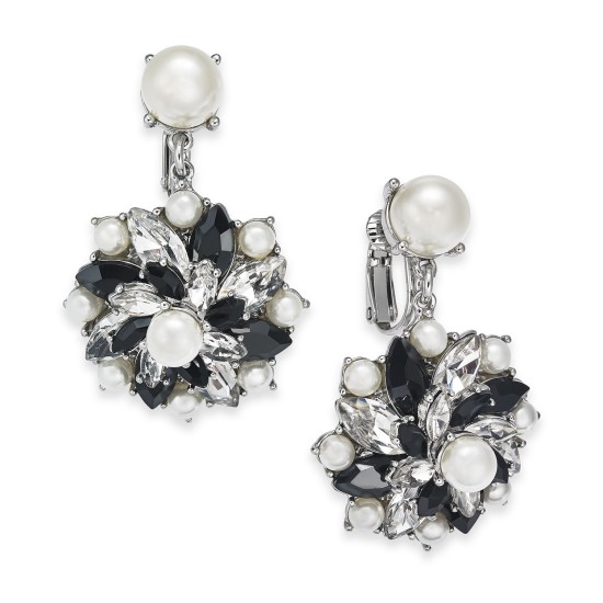  Silver-Tone Crystal, Stone & Imitation Pearl Cluster Clip-On Stud Drop Earrings