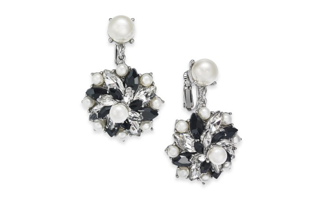  Silver-Tone Crystal, Stone & Imitation Pearl Cluster Clip-On Stud Drop Earrings