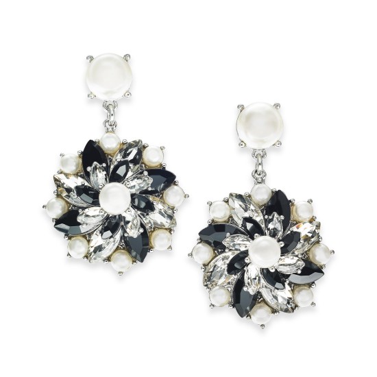  Silver-Tone Crystal, Stone & Imitation Pearl Cluster Stud Drop Earring, Black