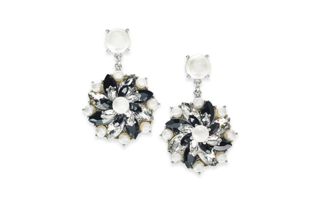  Silver-Tone Crystal, Stone & Imitation Pearl Cluster Stud Drop Earring, Black