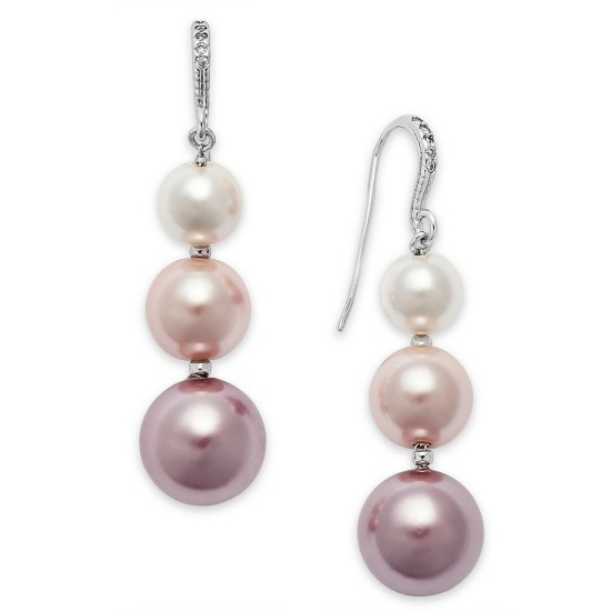  Silver-Tone Imitation Pearl Graduated Linear Drop Earrings, Silver/Pink