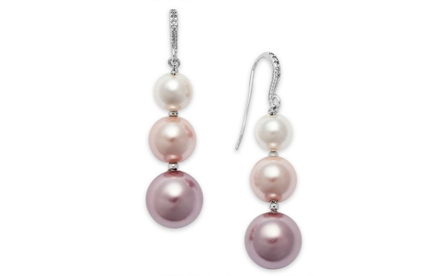  Silver-Tone Imitation Pearl Graduated Linear Drop Earrings, Silver/Pink