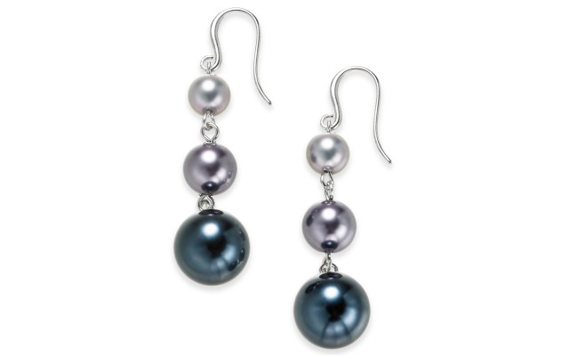  Silver-Tone Imitation Pearl Graduated Linear Drop Earrings, Silver/Purple