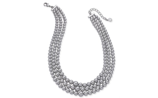  Silver-Tone Imitation Pearl Triple-Row Choker Necklace (Gray)