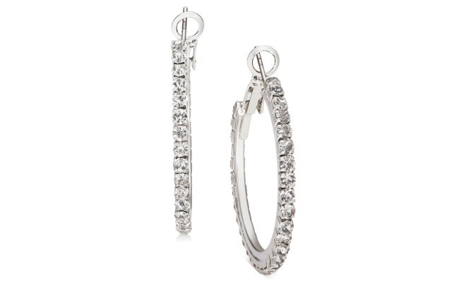  Silver-Tone Medium Crystal Hoop Earrings