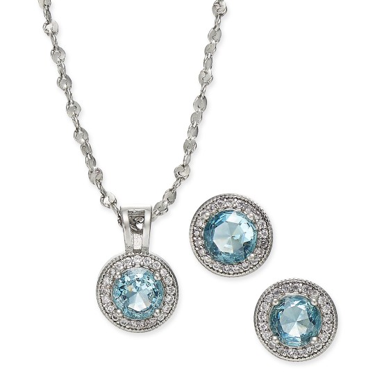  Silver-Tone Pave and Stone Pendant Necklace & Stud Earrings Set (17+2)