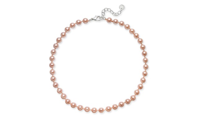  Silver-Tone Pink Imitation Pearl (8mm) Collar Necklace, 16″