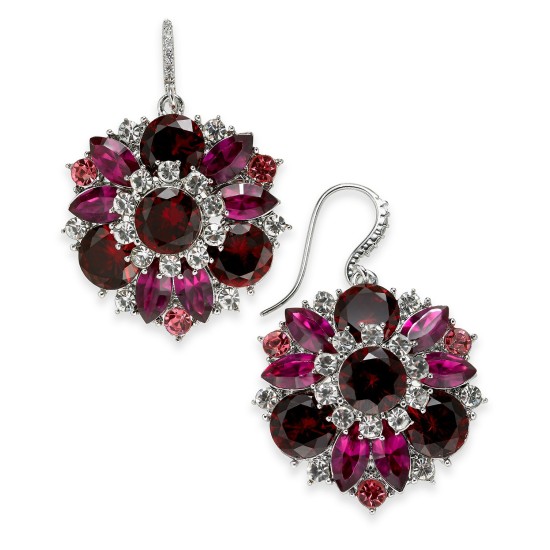  Silver-Tone Red & Pink Crystal Drop Earrings