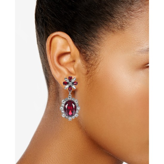  Silver-tone Red Stone & Crystal Drop Earrings