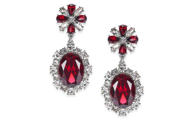  Silver-tone Red Stone & Crystal Drop Earrings