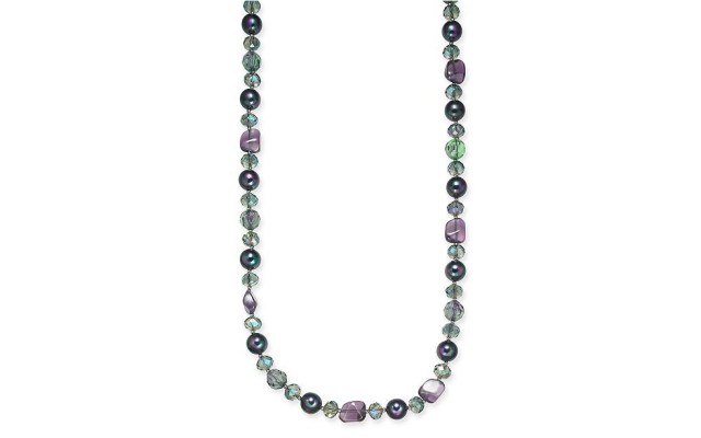  Silver-Tone Stone & Imitation Pearl Long Necklace, 42″ + 2″ extender