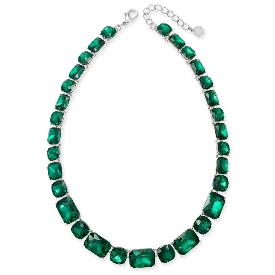  Stone All-Around Necklace, 17″ + 2″ Extender, Silver/Green