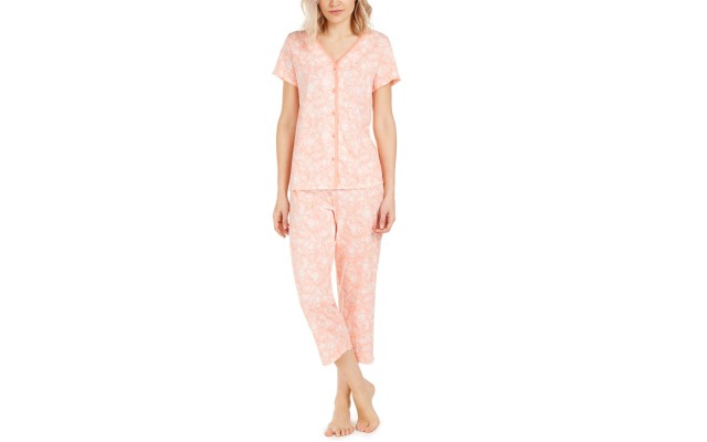  Women’s Cotton Cropped Pants Pajama Set (Orange, Large)