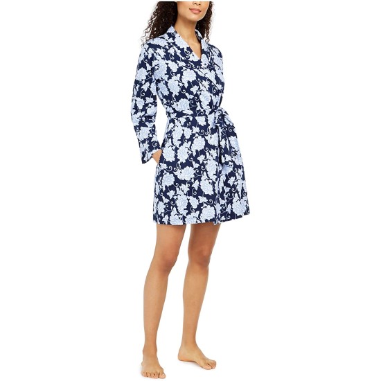  Women’s Cotton Floral-Print Wrap Robe ( Blue Chainstitch, X-Small)