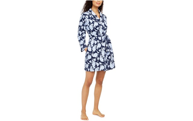  Women’s Cotton Floral-Print Wrap Robe ( Blue Chainstitch, X-Small)