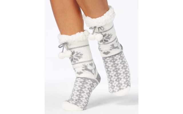  Women’s Fair Isle Slipper Socks, Gray, Small/Medium