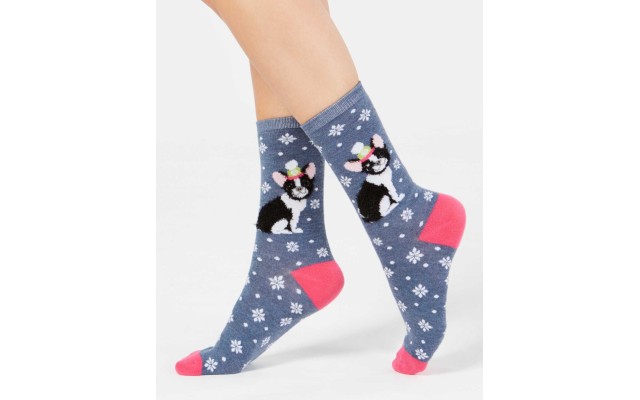  Women’s Frenchie Dog Crew Socks  One Size (Blue, S)