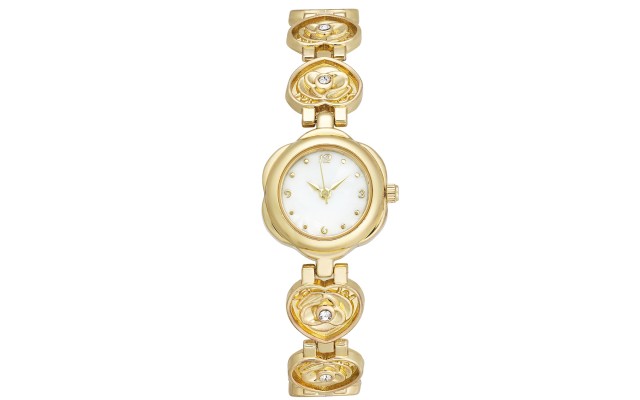  Women’s Gold-Tone Pave Rose Heart-Link Bracelet Watch 20mm,