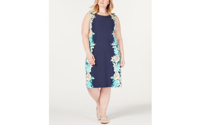  Womens Intrepid Blue Combo Ocean Paradise Floral Shift Dress, Blue, 1X