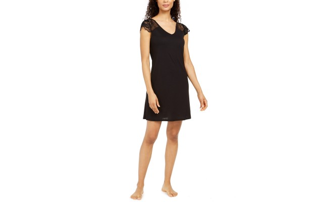  Women’s Lace Sleeve Short Nightgown (Black, X-Small)