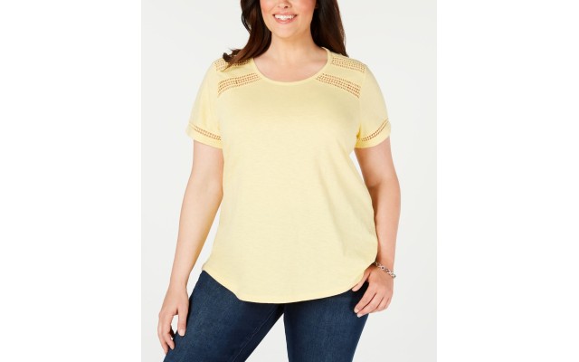  Womens Plus Crochet Trim Short Sleeve T-Shirt