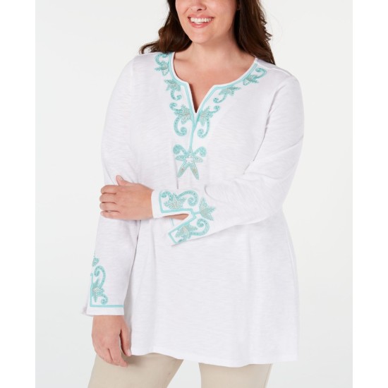  Womens Plus Embroidered Beaded Tunic Top White, White, 1X