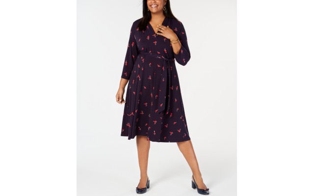  Womens Plus Floral V Neck Midi Dress(Red Polka Dot, 3X)