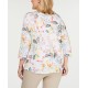  Women's Plus Pima 3/4 Sleeve Floral Boat Neck Buttons White, White, 2X