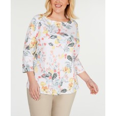 Charter Club Women's Plus Pima 3/4 Sleeve Floral Boat Neck Buttons White