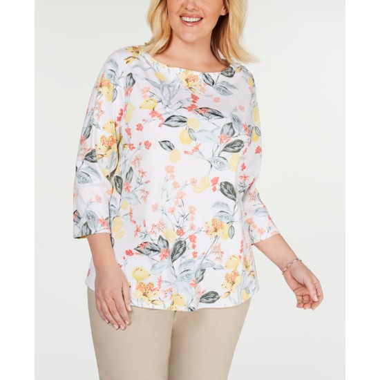  Women's Plus Pima 3/4 Sleeve Floral Boat Neck Buttons White, White, 2X
