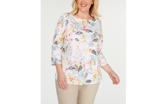  Women's Plus Pima 3/4 Sleeve Floral Boat Neck Buttons White, White, 2X