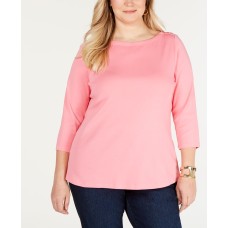 Charter Club Women's Plus Pima 3/4 Sleeves Boat Neck Buttons Casual Top