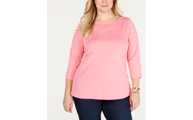 Charter Club Women's Plus Pima 3/4 Sleeves Boat Neck Buttons Casual Top, Pink, 2X