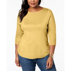 Charter Club Women's Plus Pima 3/4 Sleeves Boat Neck Buttons Casual Top