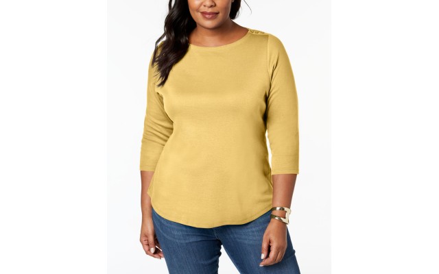 Charter Club Women's Plus Pima 3/4 Sleeves Boat Neck Buttons Casual Top, Yellow, 0X