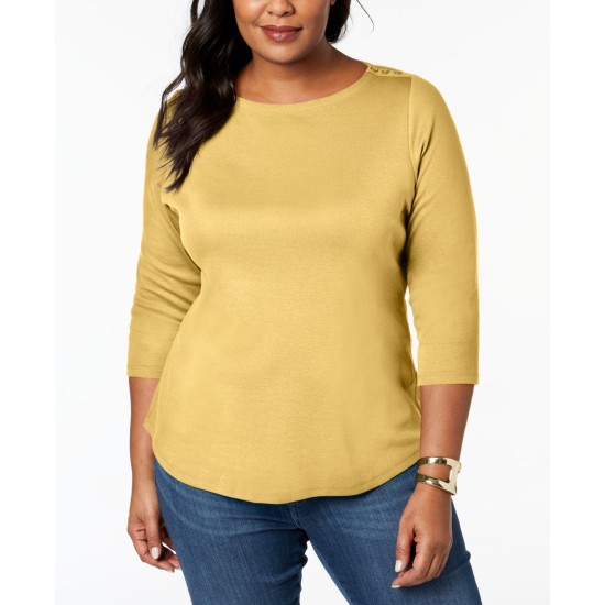 Charter Club Women's Plus Pima 3/4 Sleeves Boat Neck Buttons Casual Top, Yellow, 4X